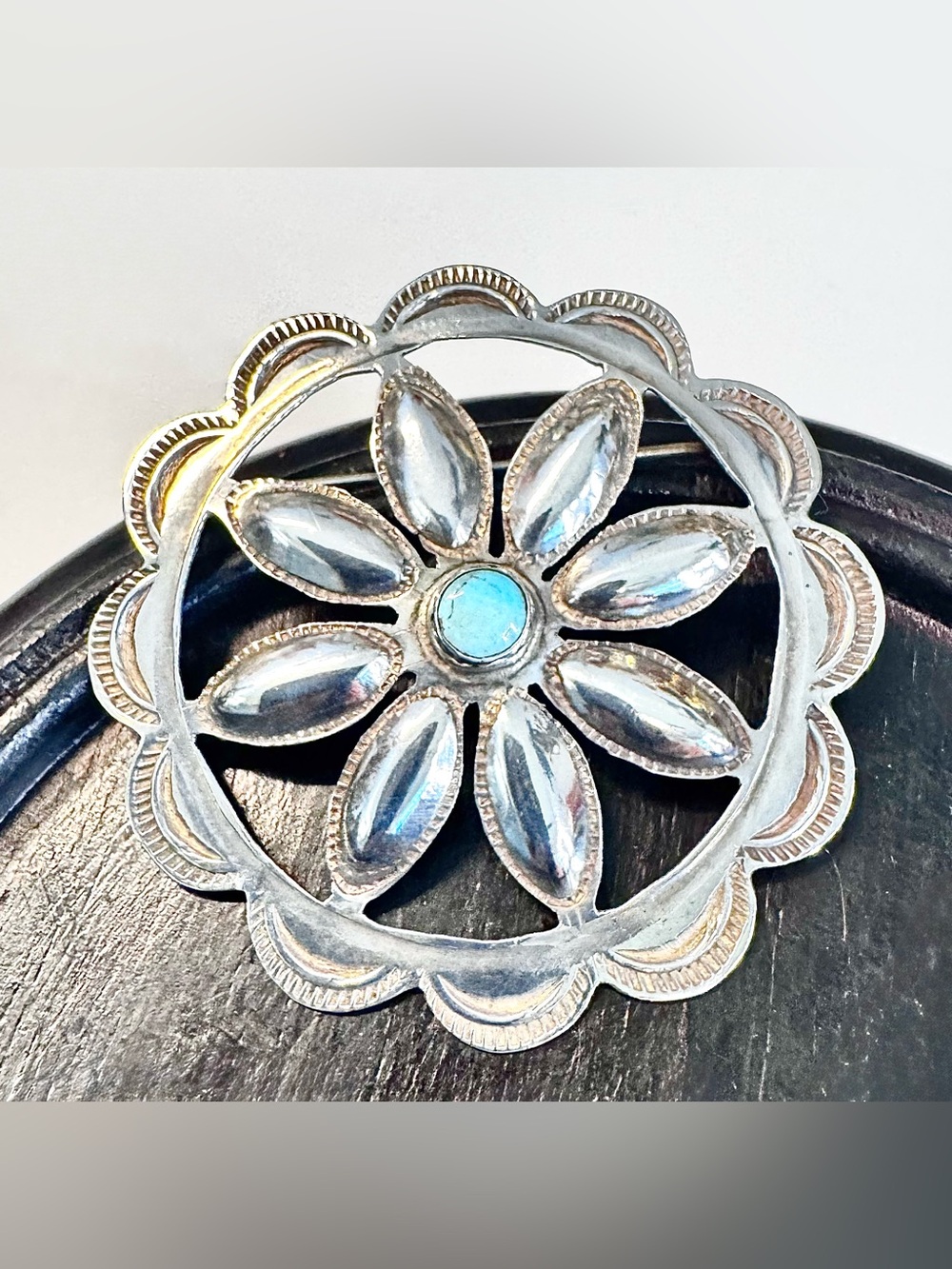 Vintage Navajo Sterling Silver & Turquoise Wagon Wheel Concho Brooch Pin 2"